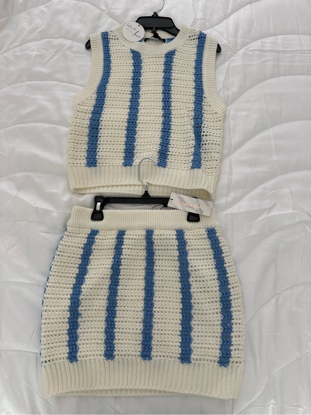 Cropped Knit Tank & Skirt Set — White with Blue Stripes